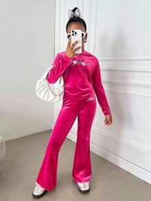 2pcs/Set Sweatshirt Nyaman Motif Glitter Rhinestone Beludru untuk Remaja Perempuan, Pakaian Musim Gugur Hangat Serbaguna untuk Remaja Perempuan di Musim Gugur dan Musim Dingin - Hot Pink - View 5