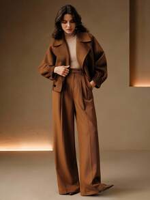 SHEIN X Jwoww Anewsta Women's Autumn/Winter Brown Short Fitted Elegant Hem & Cuff Striped Double-Breasted Lapel Double-Faced Wool Coat - Khaki - View 5