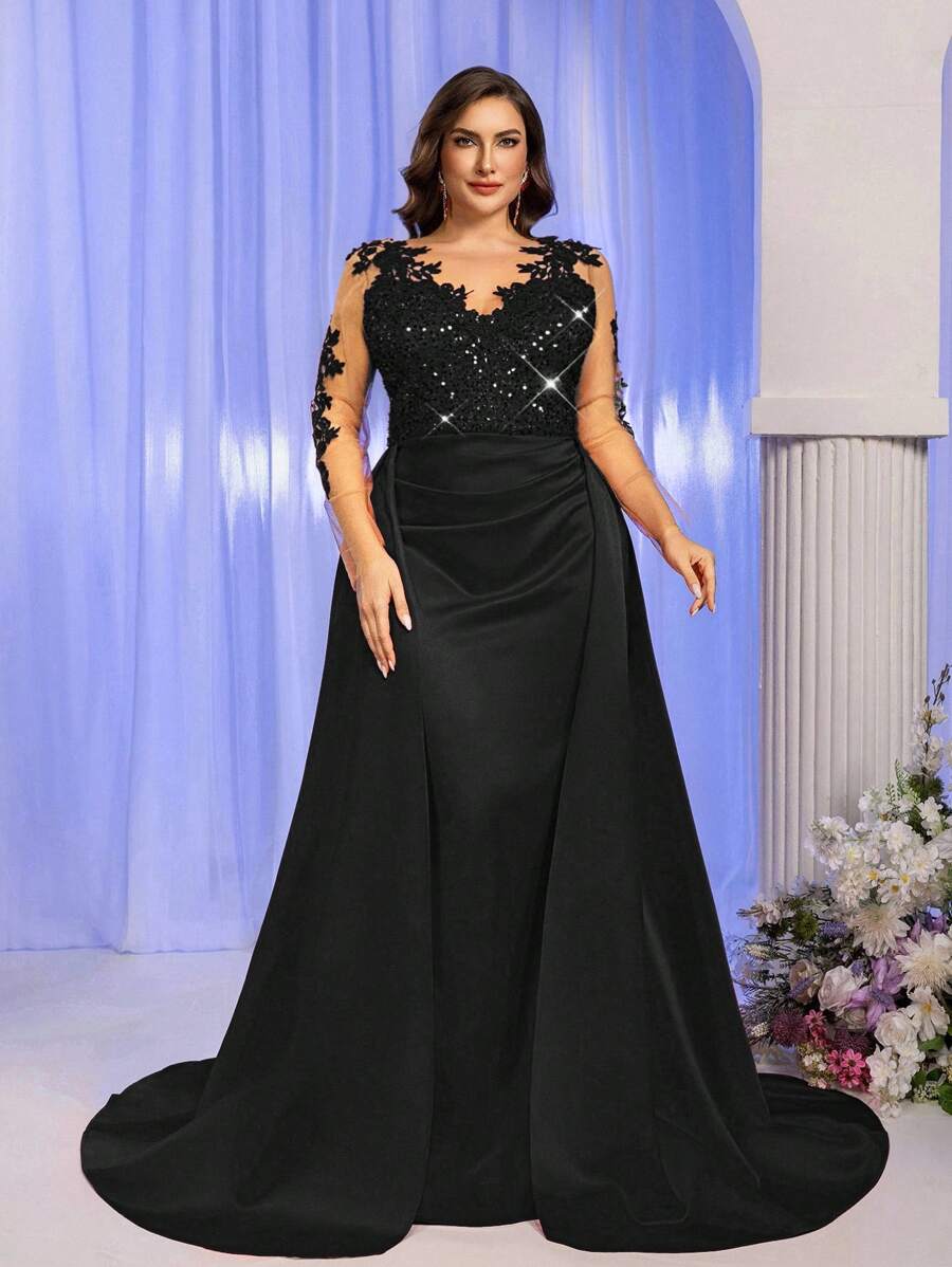 SHEIN Belle 大码优雅撞色网纱贴花长袖V领亮片拼接缎面高腰显瘦美人鱼尾夸张拼接设计，适合晚宴、约会、度假、舞会、婚礼、返校、正式场合（重工装饰），黑色，情人节。 - 黑色 - 查看 1