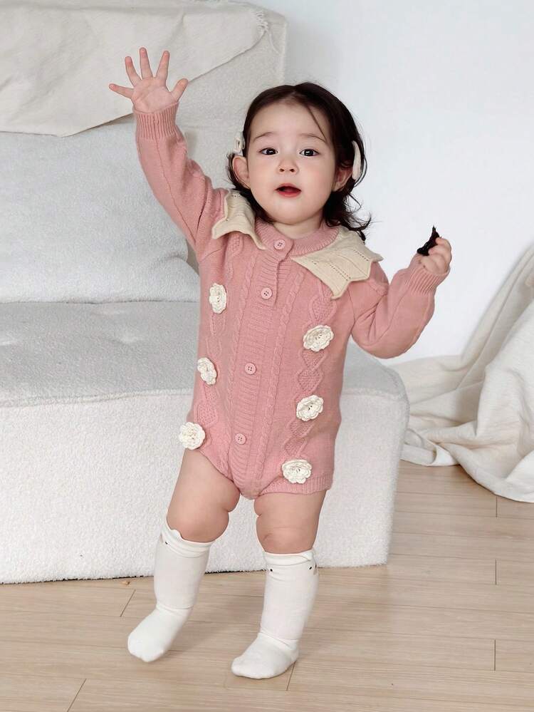 Baby Girl Colorblock Knit Cartoon Cute Ruffle Trim Jumpsuit Fall, Winter Toddler Girls Clothes