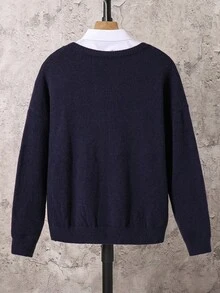 SHEIN Suéter de manga comprida com estampa de letras em cores contrastantes para adolescentes (meninos) - Azul - Ver 8