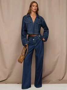 SHEIN BAE 女士休闲水洗不对称腰部阔腿牛仔裤，商务休闲女装，工作裤，阔腿牛仔裤，外出，女士秋季服装，深蓝色阔腿牛仔裤，休闲裤，老款女装 - 深色水洗藍 - 查看 6