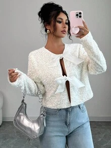 Siren Gaze 2-In-1 Reversible Sequin Jacket, Autumn/Winter New Arrival Tie Front Top Casual Spring - Beige - View 4