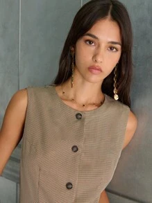 Nöista Casual Plaid Cinched Waist Sleeveless Jacket - Multicolor - View 3