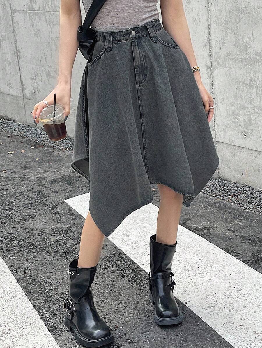 DAZY Summer Casual Denim Skirt With Asymmetrical Hem And Slanted Pockets Design Jeans Skirt - Medium Wash - View 1