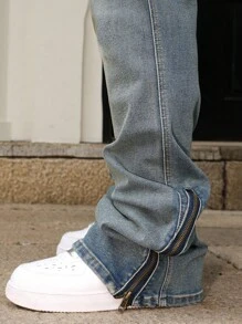 Manfinity Roughcore Men's Casual Jeans With Pockets And Zip Ankle Design Going Out Urban Hang Out Street Vacation - Medium Wash - View 3