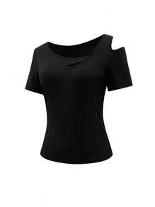Women's Casual Solid Color Asymmetric Collar Short Sleeve T-Shirt - Black - View 4