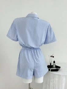 SHEIN Unity 條紋短袖連身褲，束腰設計，夏季款 - 藍色 - 查看 2