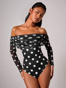 COSMINA 女士优雅波尔卡圆点露肩紧身衣 - 黑與白 - 查看 3