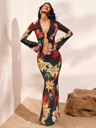 Opulessa Women's Floral Print Round Hoop Connected Split Hem Long Sleeve Top And Bodycon Mermaid Skirt 2 Pieces Set, Vacation Outfit, Multicolor Two Piece Set, Vacation Two Piece Set, Tropical Two Piece Set, Floral Two Piece Set, Two Piece Set Women,Vacation,Vacation Style,Date Night Outfits Women ,