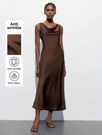 Maija 女士棕色露背设计连衣裙，百搭四季优雅都市时尚舒适合身露背领金属装饰商务休闲连衣裙，适合办公室、音乐会、社交活动优雅知性的女性婚礼宾客礼服套装和美丽的法式休闲高端智慧与优雅感老钱风格巡航服装度假装棕色缎面连衣裙巧克力棕色连衣裙露背连衣裙棕色中长连衣裙围脖领连衣裙古铜色连衣裙