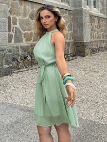 Jeta Ari Women's Solid Color Pleated Short Halter Dress, Casual Holiday Dresses For Wedding Event - Mint Green - View 4