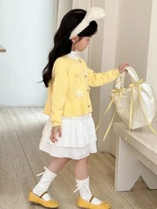 SHEIN Young Girl Casual Cardigan With Bow & Floral Decor, Ruffle Hem Front Button Knit School To Cute Tops Graphic Yellow Cardigan Sweaters With Button For Spring, Fall/Winter - Yellow - View 5