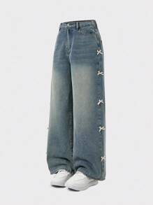 SHEIN Tween Girl Y2K Fashion Wide Leg Jeans, Side Bow Decor Design, Loose Denim Pants, Autumn Back To School Street Style, Music Festival, Holiday Casual Wear, Street Fashion, Casual Everyday Denim Fall Winter Jeans - Light Wash - View 5