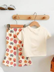 SHEIN Happikins Warm Apricot, Cute Halloween Pumpkin Flower, Coquette Ghost, Spooky Season, Little Miss Bootiful, Baby Girl Casual Minimalist Short Sleeve Round Neck T-Shirt And Flare Pants Set, Autumn Outfits For , Easy Comfort, Autumn Layers For Kids, Stylish Baby, Casual Wear, Baby & Kids Halloween Graphic Clothes, Fall Vibes Fall Vibes!