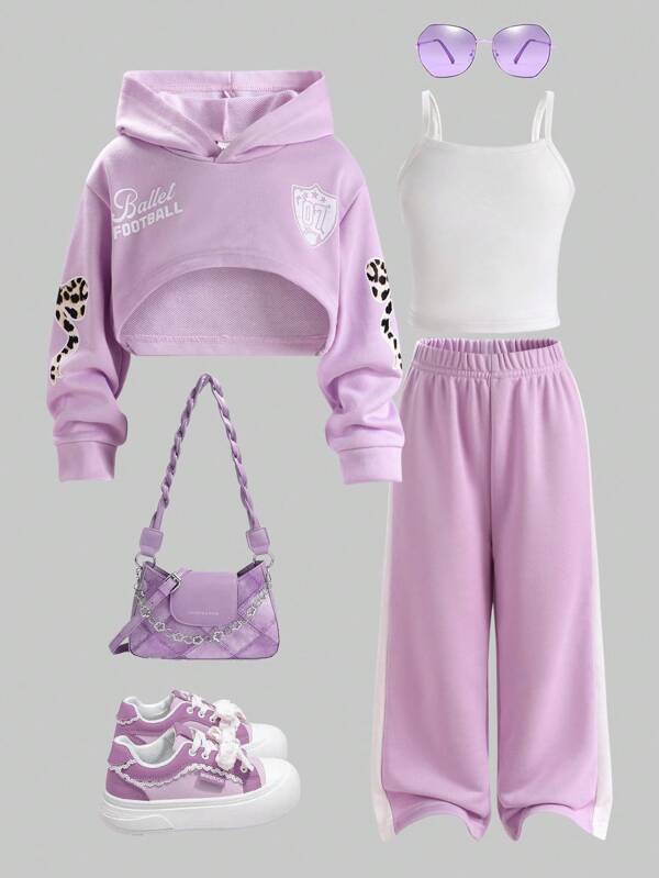 3pcs Young Girl Casual Fashion Versatile Bow, Leopard Print, English Letter Graphic Long Sleeve Cropped Hoodie + Camisole + Pants Set, Autumn/Winter Fall