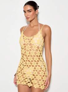 KIZN Vestido mini hecho a mano de ganchillo con flores, cubierta de traje de baño, vestido de verano con cuello de halter, estilo bohemio chic para playa y vacaciones - Amarillo - Ver 3