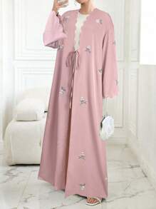 Al Najma 撞色装饰碎花刺绣系带和服长袍 - 粉色 - 查看 4