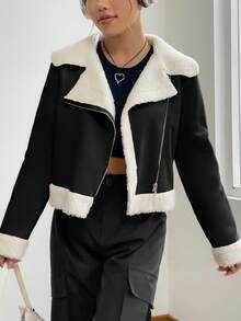 SHEIN EZwear Áo khoác lót nhiệt màu đen và trắng thường ngày dành cho nữ, Thu/Đông - màu đen - Xem 4