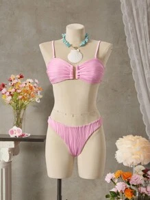SHEIN Swim 女士 2 件套泳衣套装，细肩带纯色泳衣上衣和三角泳裤 - 粉色 - 查看 3