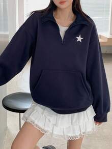 SHEIN Teen Girls American Casual Vintage Star Color Block Splicing Sports Turndown Collar Fluffy Loose Sweatshirt For Spring, Autumn And Winter,Back To School Season Fall - Royal Blue - View 9