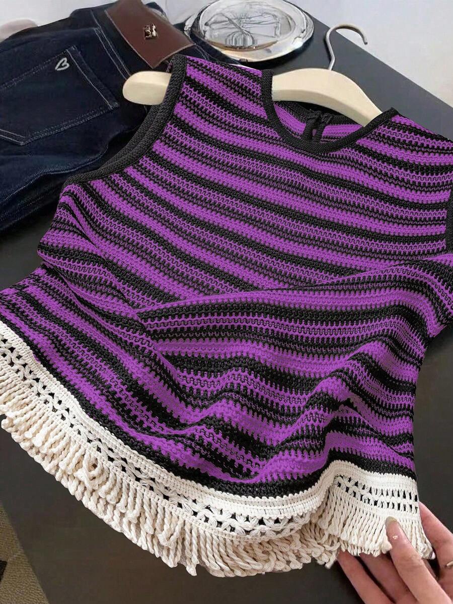 SHEIN Clasi 女士夏季新款钩针流苏装饰上衣 - 紫色 - 查看 1