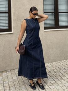 Dripcurv Plus-Size Women's All-Season Elegant Blue Slim-Fit Denim Dress, Perfect For New Year's Outfits, Old-Money Style. - Blue - View 3