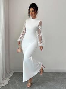 Elenzga Women's Elegant Long Patchwork Lantern Sleeve Dress Fall Cloth For Women