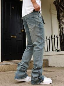 Manfinity Roughcore Men's Casual Jeans With Pockets And Zip Ankle Design Going Out Urban Hang Out Street Vacation - Medium Wash - View 4