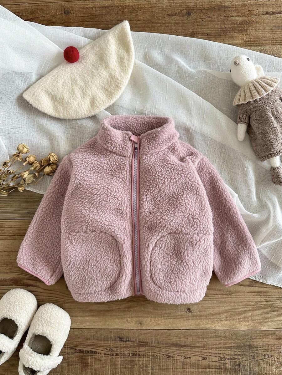 SHEIN Baby Girl Infant Toddler Newborn 0-3 Years Old Autumn/Winter Fleece All-Match Versatile Simple High Collar Outerwear, Light Pink Fall