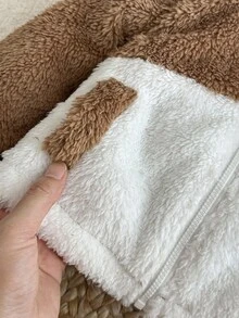 SHEIN Baby Boy Infant Toddler 0-3 Years Old Warm Fleece Flannel Khaki Beige Long Sleeve Hooded Jacket, Suitable For Outdoor Wear, Autumn/Winter Fall