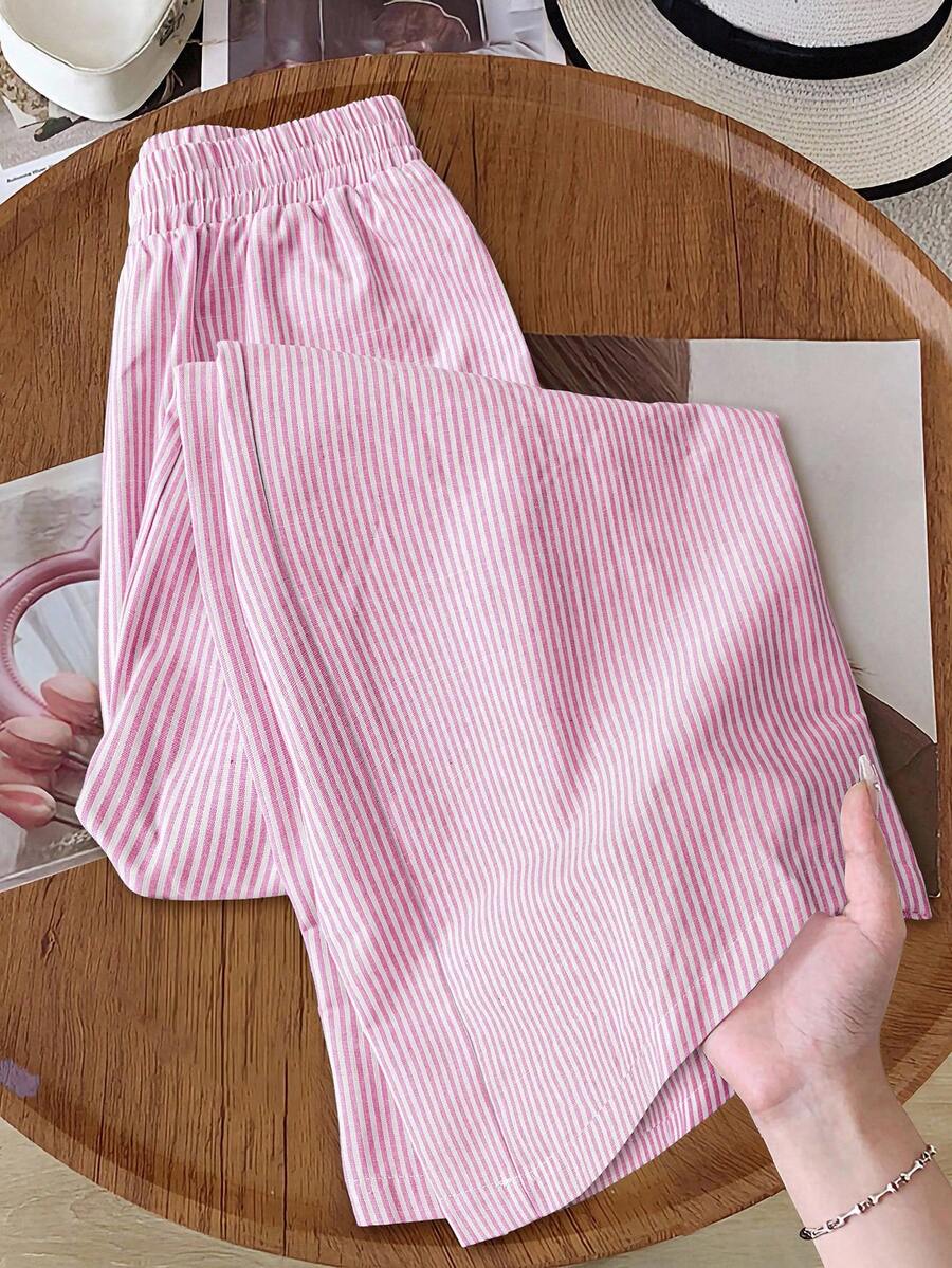 Rusticease 女条纹松紧腰宽松阔腿休闲裤粉色条纹裤粉色裤子女阔腿裤夏季裤子女裤子 - 粉色 - 查看 1