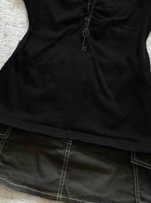 女士休闲纯色修身腰部T恤 - 黑色 - 查看 4