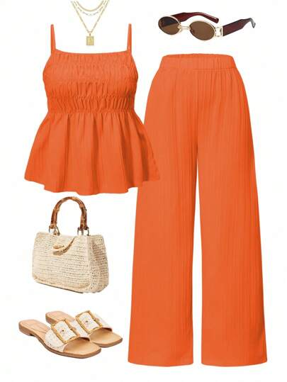 2pcs/Set Teen GirlCasual Outfit, Includes Camisole Top And Elastic Waist Wide Leg Pants, Summer