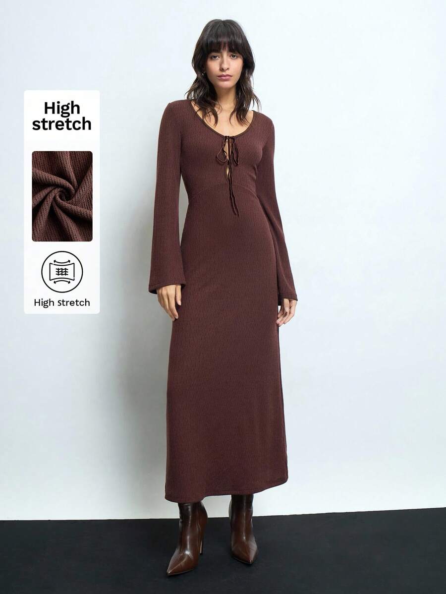Maija Women's Brown Open Back Dress, Versatile Modern Party/Gathering Outfit With Crisscross Tie Front Cutout, Loose Fit, Suitable For New Year Festival - Brown - View 1