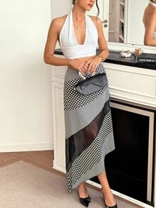 Roylia Women's Elegant Fashion Fitted Polka Dot Contrast Lace Hem Asymmetric Hem Skirt, Spring/Autumn Casual Outfits Spring - Black - View 6