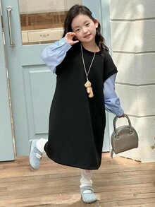 DAZY Vestido curto de manga comprida com decote redondo e contraste de cores para meninas (pequeno)