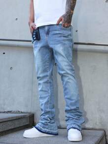 Manfinity EMRG 男士浅色水洗阔腿喇叭牛仔裤，拉链细节设计，适合休闲穿着 男士浅色水洗牛仔裤 - 淺色水洗藍 - 查看 8