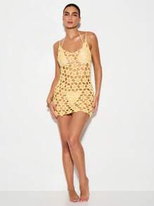 KIZN Vestido mini hecho a mano de ganchillo con flores, cubierta de traje de baño, vestido de verano con cuello de halter, estilo bohemio chic para playa y vacaciones - Amarillo - Ver 5