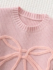Cozy Pixies Baby Girl Bow Decor Round Neck Long Sleeve Pullover Sweater, Versatile & Comfortable,In Fall/Winter - Multicolor - View 3