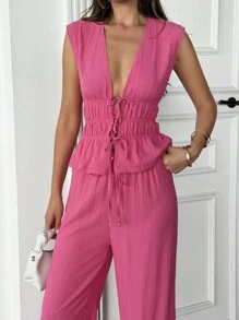 SHEIN Damen Set aus tiefem V-Ausschnitt Top mit Schleife und Hose in Unifarbe, sexy 2-teiliges Set