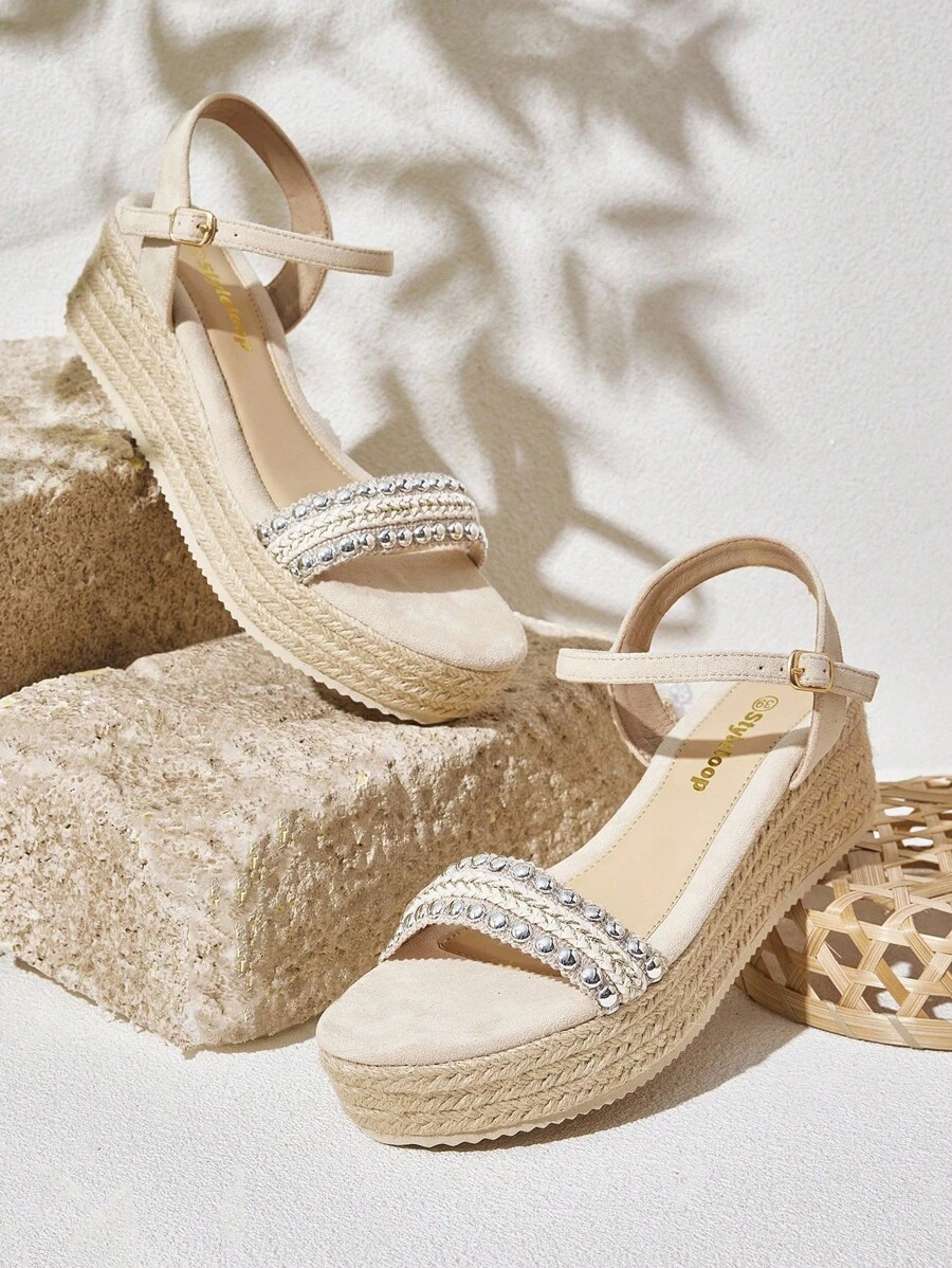 Styleloop Giày sandal đế dày dệt đế xuồng cho nữ, trang phục du lịch phong cách Bohemian, giày đế dày - Màu be - Xem 1