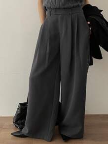 DAZY 女士宽松口袋阔腿裤，休闲街头风西装裤，秋冬商务装 - 深灰色 - 查看 5