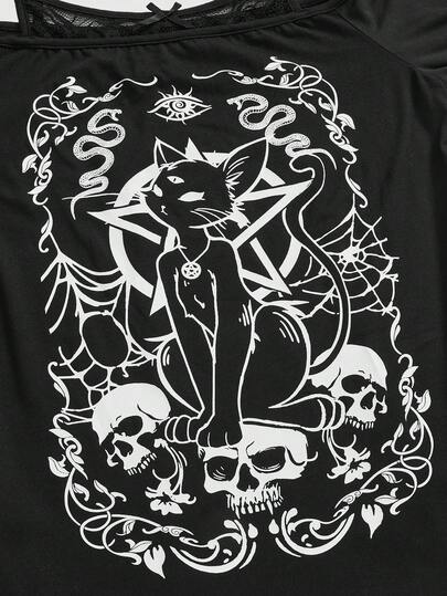Goth Camiseta negra de manga larga con estampado de gato misterioso, estrella y calavera, con dobladillo asimétrico y encaje en los hombros, estilo gótico veraniego Gyaru, talla grande, para Halloween