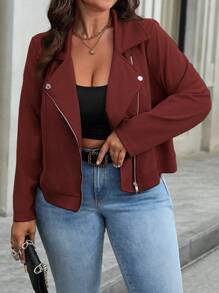 EMERY ROSE Plus Size Women's Solid Color Long Sleeve Zipper Front Casual Motorcycle Jacket Fall Winter Cloth For Women Autumn - Rose Red - View 6