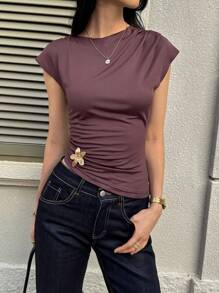 SHEIN Unity Áo thun tay ngắn nữ dáng ôm kim loại bất đối xứng, thiết kế độc đáo - Cà phê nâu - Xem 1