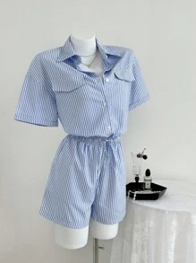 SHEIN Unity 條紋短袖連身褲，束腰設計，夏季款 - 藍色 - 查看 4