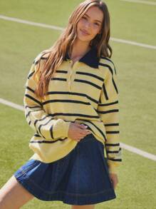 WESTFADE Suéter Polo Oversized de Manga Longa com Botões e Listras, Roupas Fofas de Volta às Aulas para o Outono, Country Concert - Multicolorido - Visão 3