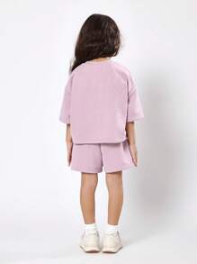 SUMWON Girls Summer NYC Club Co-Ord Set 2023 Collection Crew Neck Short Sleeve T-Shirt Drawstring Elastic Waist Shorts Comfortable Two Piece Outfit - Purple - View 1