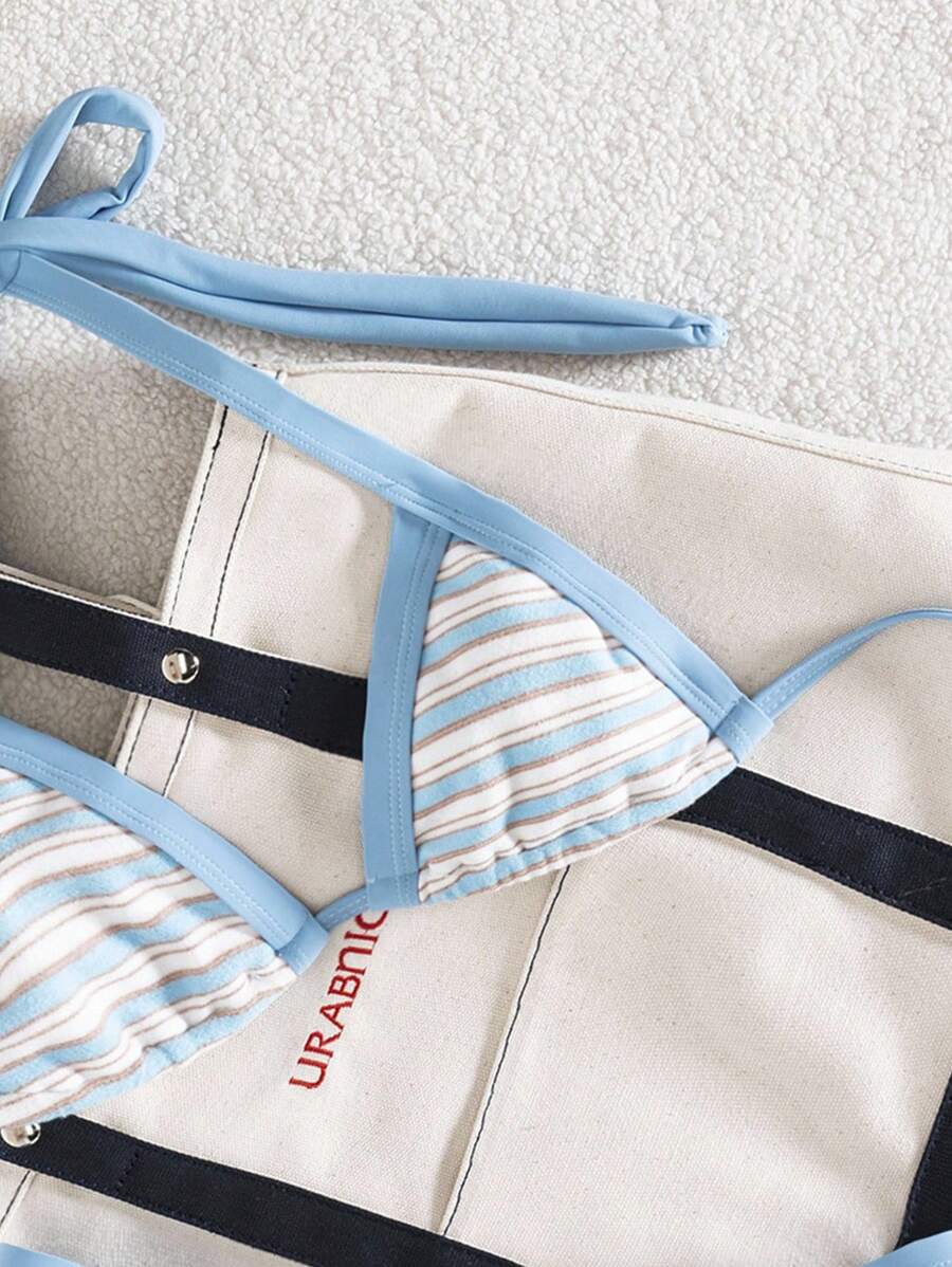 Swim Mod Bộ 2 áo bikini tam giác siêu nhỏ bằng vải jacquard kẻ sọc và quần bikini tam giác cắt cao có thể điều chỉnh dành cho nữ - Nhiều màu - Xem 1